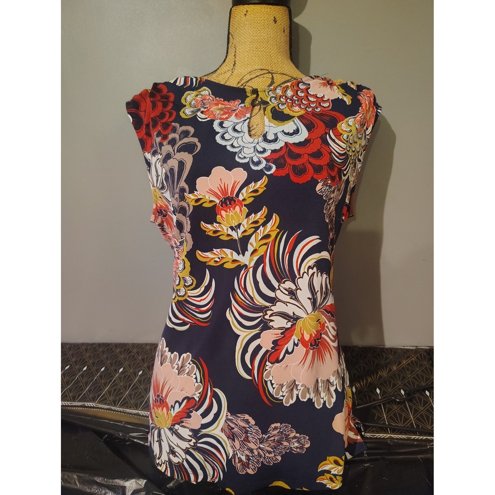 New York & Company 7th Avenue Floral Keyhole Blouse Navy Blue Red Orange Medium